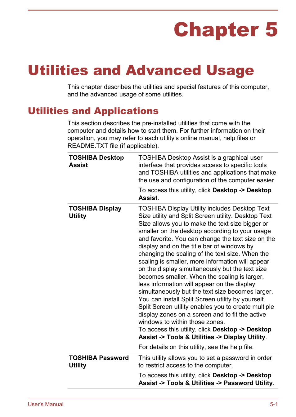 Chapter 5 utilities and advanced usage, Utilities and applications, Chapter 5 | Utilities and advanced usage, Utilities and applications -1 | Toshiba Satellite C50-A User Manual | Page 85 / 135