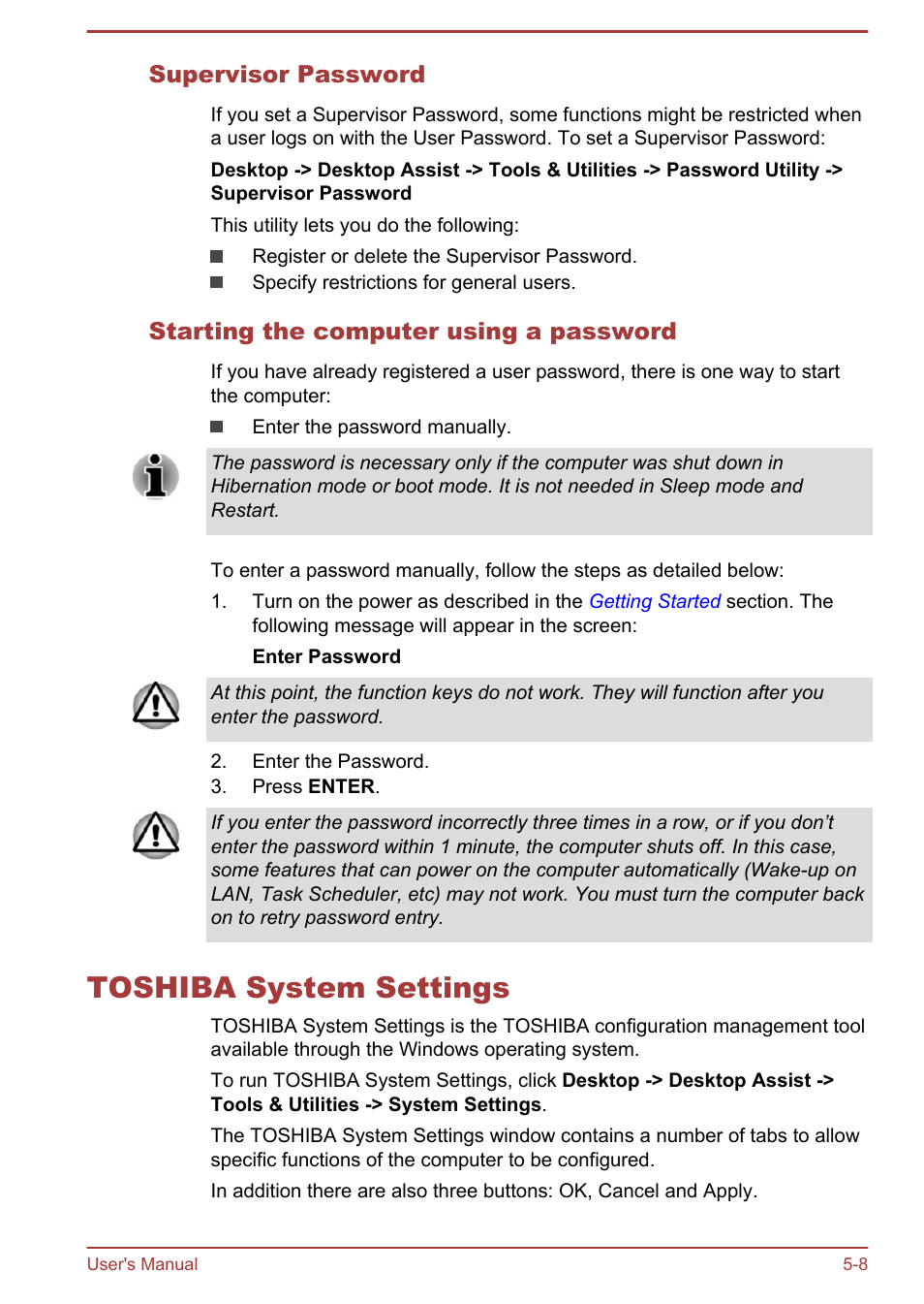 Supervisor password, Starting the computer using a password, Toshiba system settings | Toshiba system settings -8 | Toshiba Satellite C50-A User Manual | Page 92 / 135