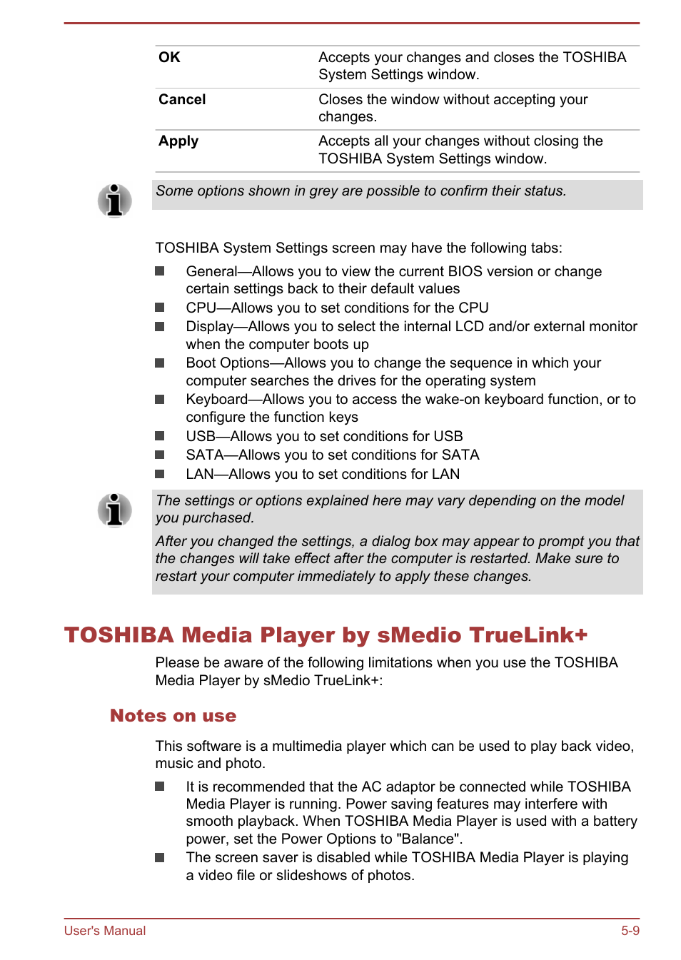 Toshiba media player by smedio truelink, Notes on use, Toshiba media player by smedio truelink+ -9 | Toshiba Satellite C50-A User Manual | Page 93 / 135