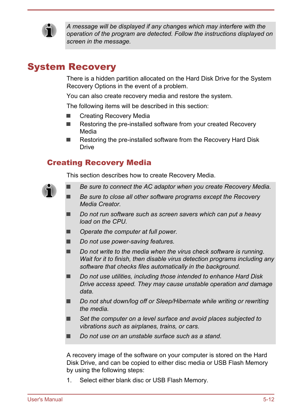 System recovery, Creating recovery media, System recovery -12 | Toshiba Satellite C50-A User Manual | Page 96 / 135