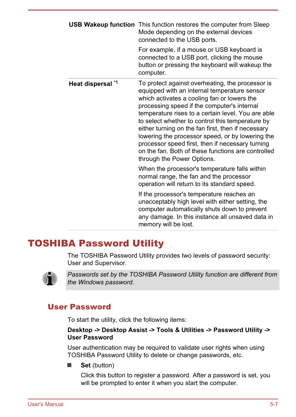 Toshiba password utility, User password, Toshiba password utility -7 | Toshiba Satellite P70T-A User Manual | Page 101 / 153