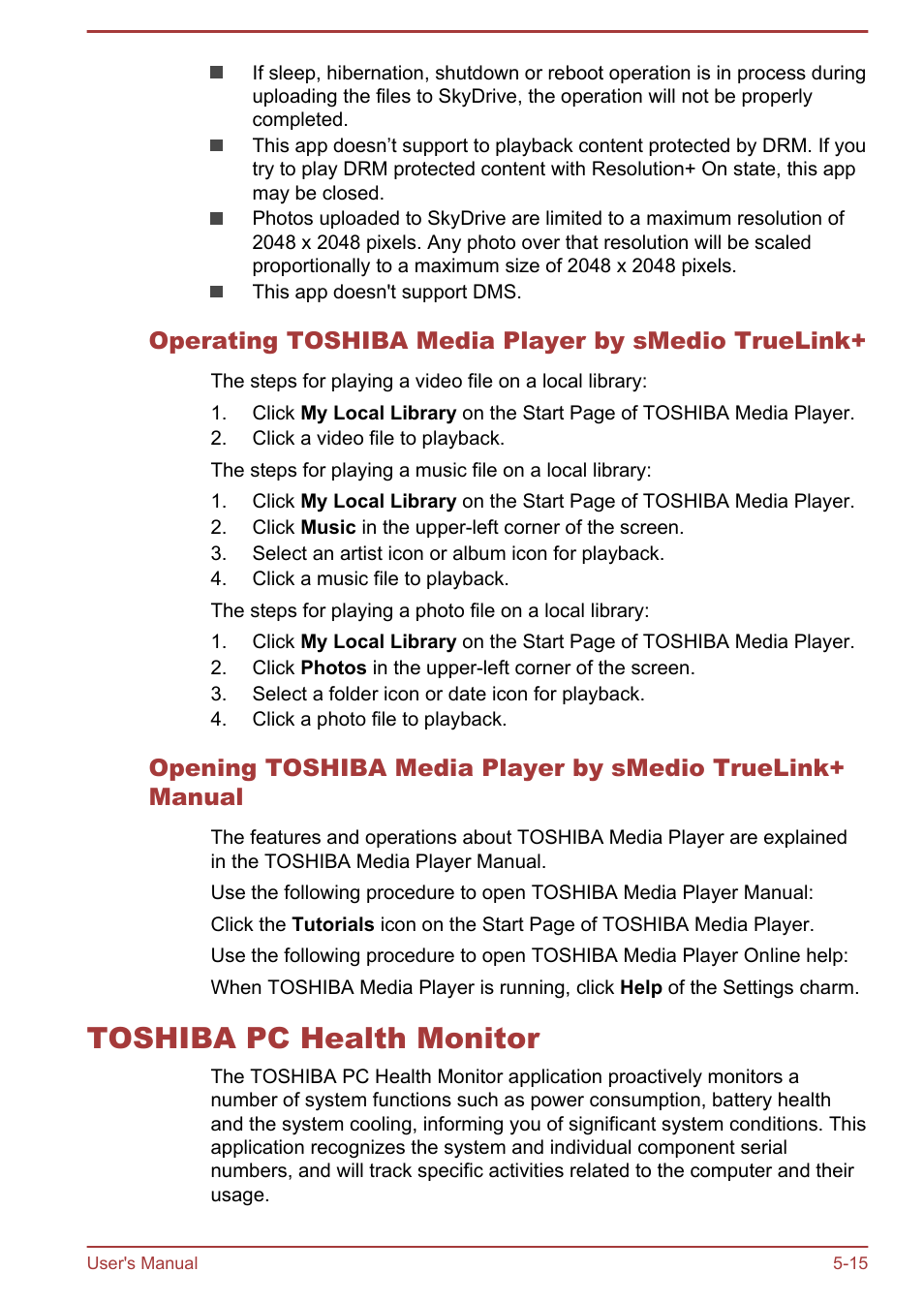 Operating toshiba media player by smedio truelink, Toshiba pc health monitor, Toshiba pc health monitor -15 | Toshiba Satellite P70T-A User Manual | Page 109 / 153