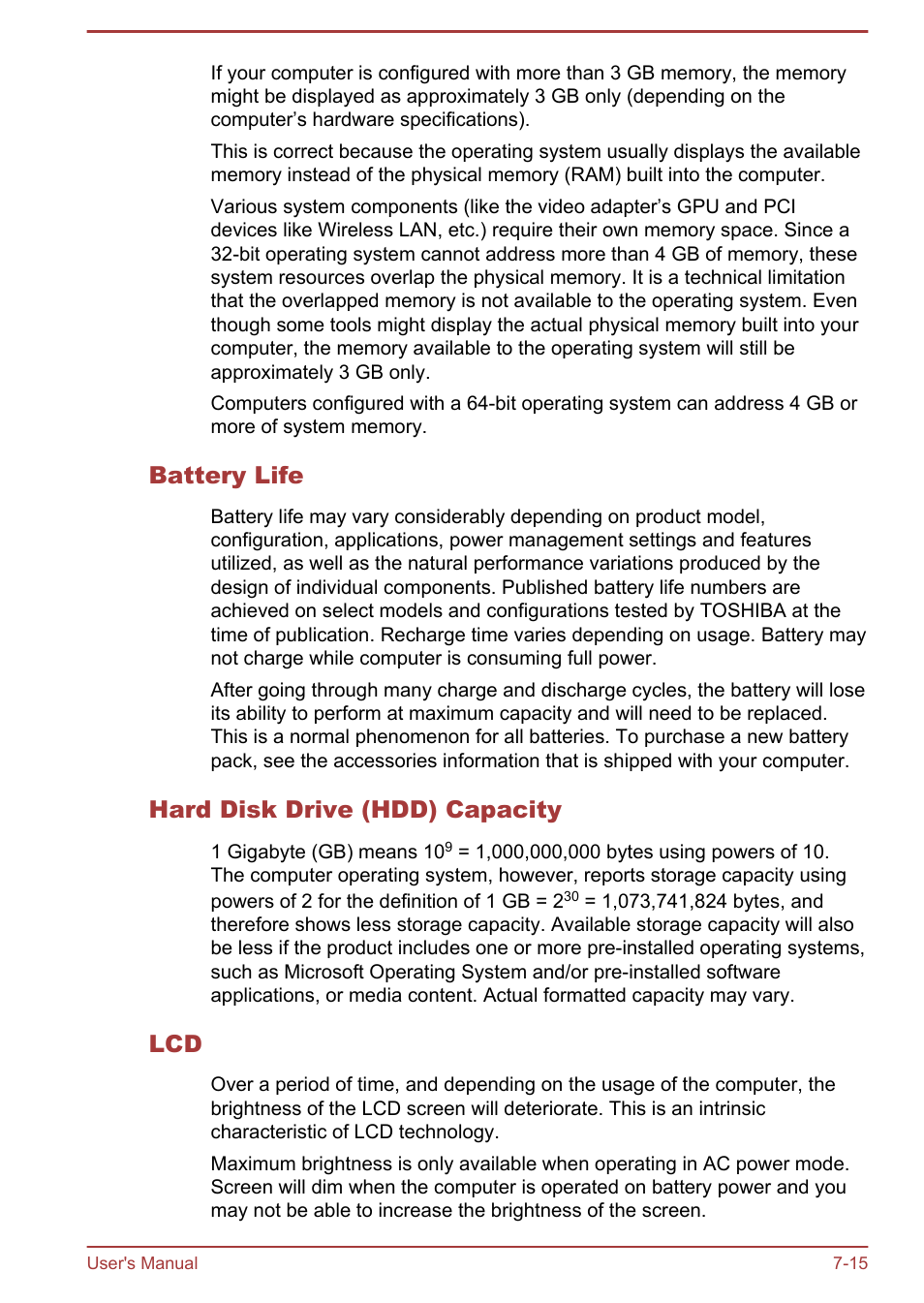 Battery life, Hard disk drive (hdd) capacity | Toshiba Satellite P70T-A User Manual | Page 147 / 153