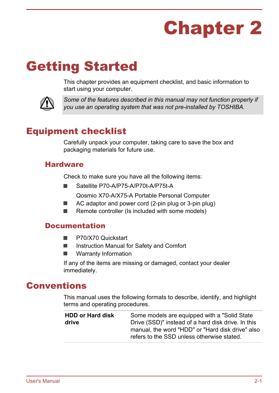 Chapter 2 getting started, Equipment checklist, Hardware | Documentation, Conventions, Chapter 2, Getting started, Equipment checklist -1 conventions -1 | Toshiba Satellite P70T-A User Manual | Page 19 / 153