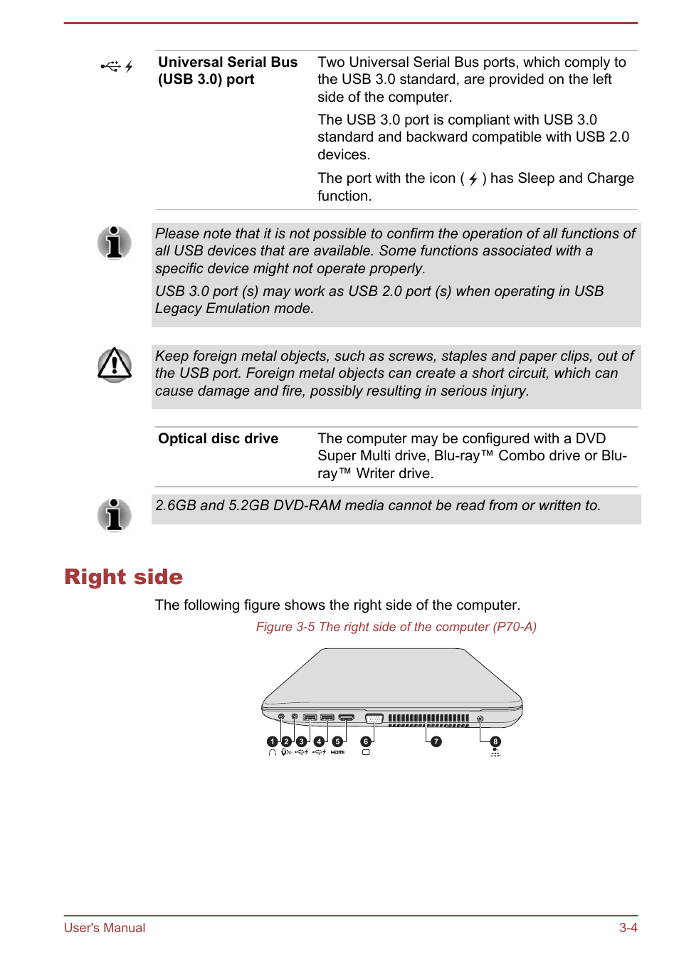 Right side, Right side -4 | Toshiba Satellite P70T-A User Manual | Page 34 / 153