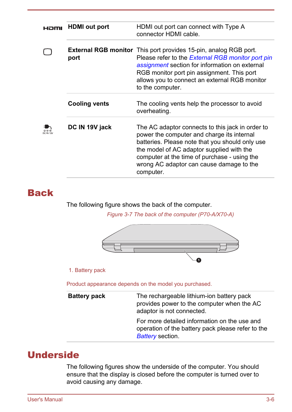 Back, Underside, Back -6 underside -6 | Toshiba Satellite P70T-A User Manual | Page 36 / 153