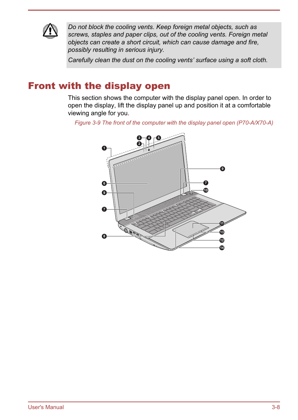Front with the display open, Front with the display open -8, User's manual 3-8 | Toshiba Satellite P70T-A User Manual | Page 38 / 153