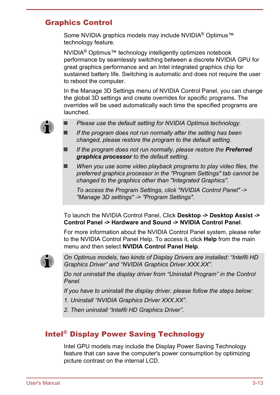 Graphics control, Intel® display power saving technology, Intel | Display power saving technology | Toshiba Satellite P70T-A User Manual | Page 43 / 153