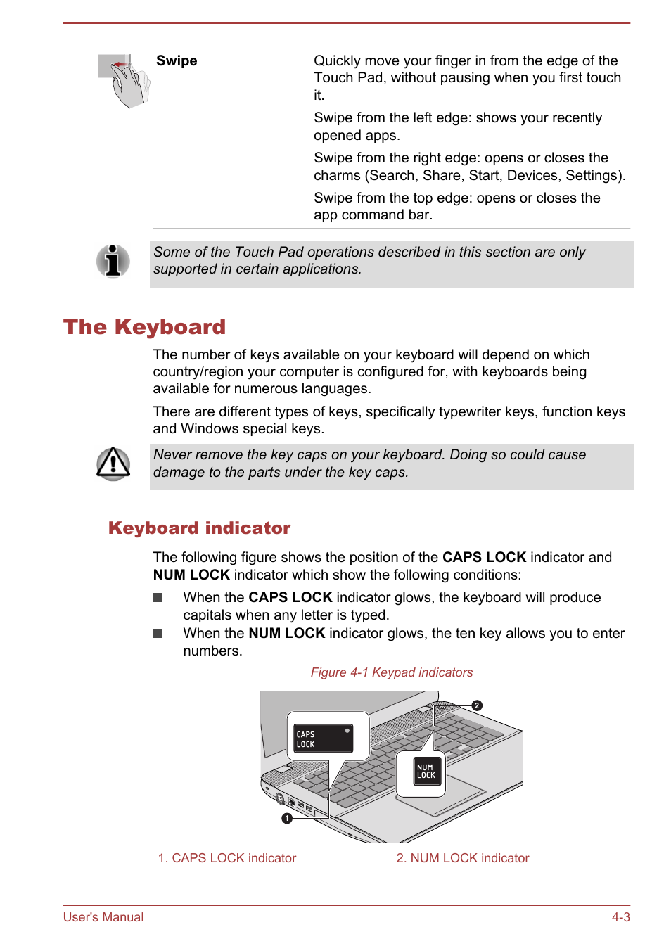 The keyboard, Keyboard indicator, The keyboard -3 | Toshiba Satellite P70T-A User Manual | Page 49 / 153