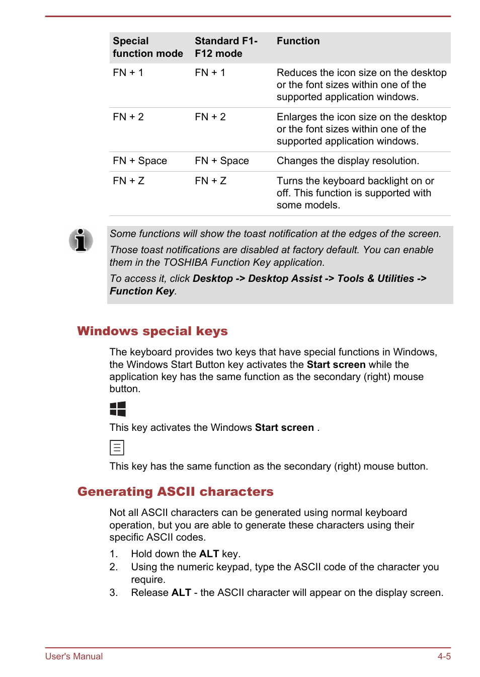 Windows special keys, Generating ascii characters | Toshiba Satellite P70T-A User Manual | Page 51 / 153