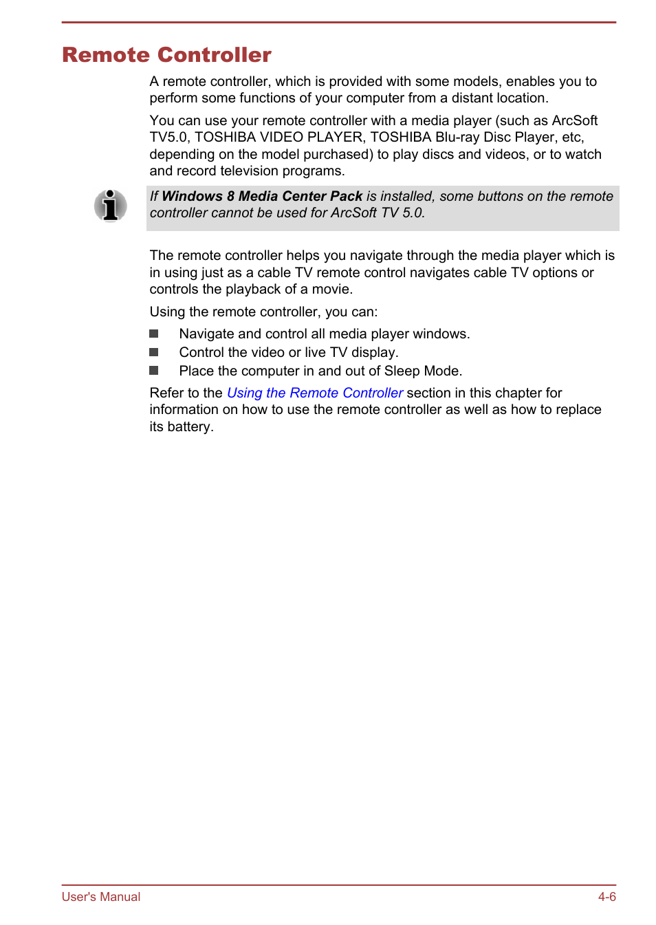 Remote controller, Remote controller -6 | Toshiba Satellite P70T-A User Manual | Page 52 / 153