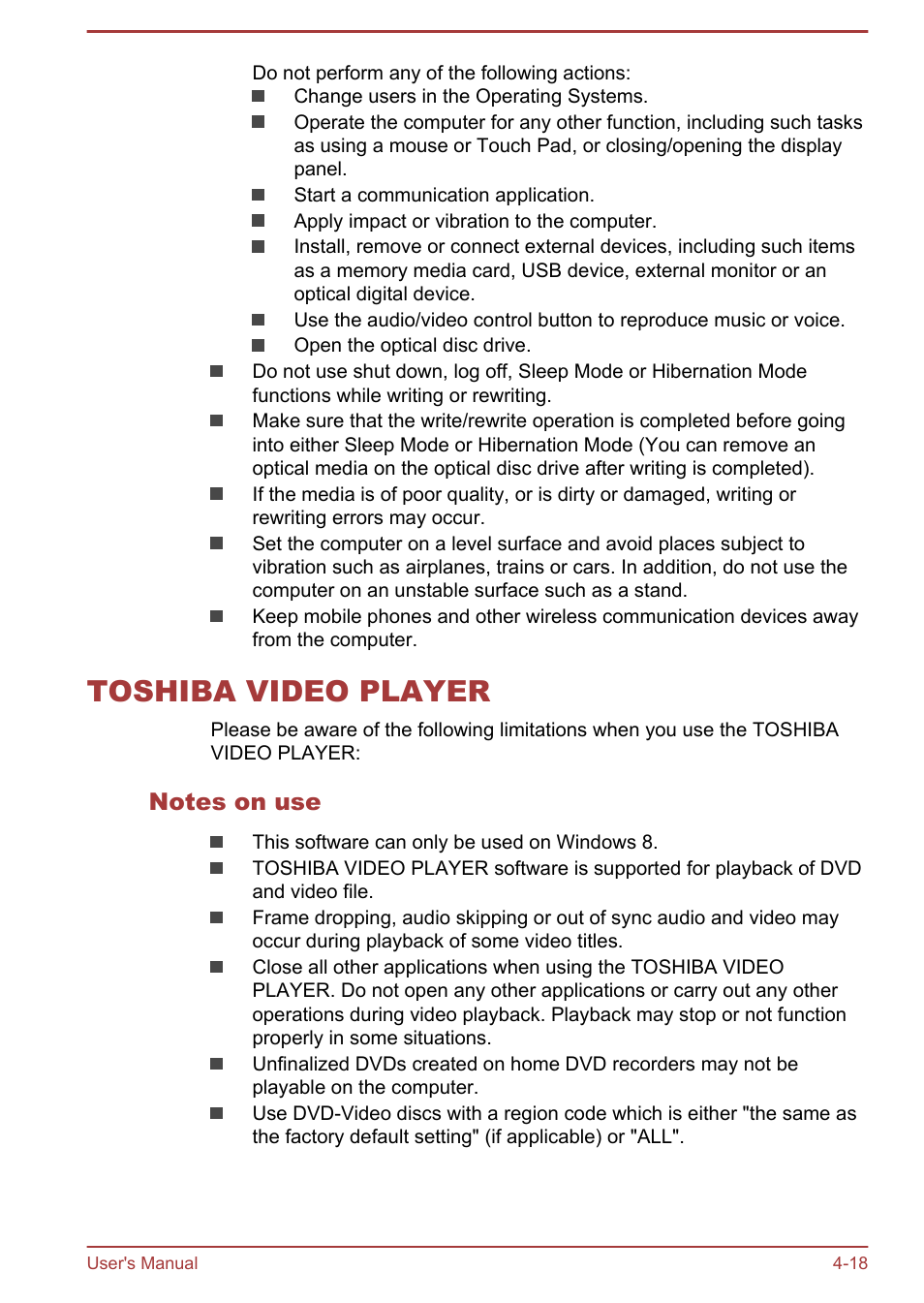 Toshiba video player, Notes on use, Toshiba video player -18 | Toshiba Satellite P70T-A User Manual | Page 64 / 153