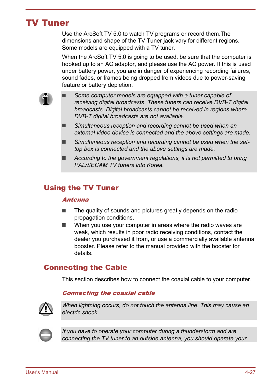 Tv tuner, Using the tv tuner, Connecting the cable | Tv tuner -27 | Toshiba Satellite P70T-A User Manual | Page 73 / 153