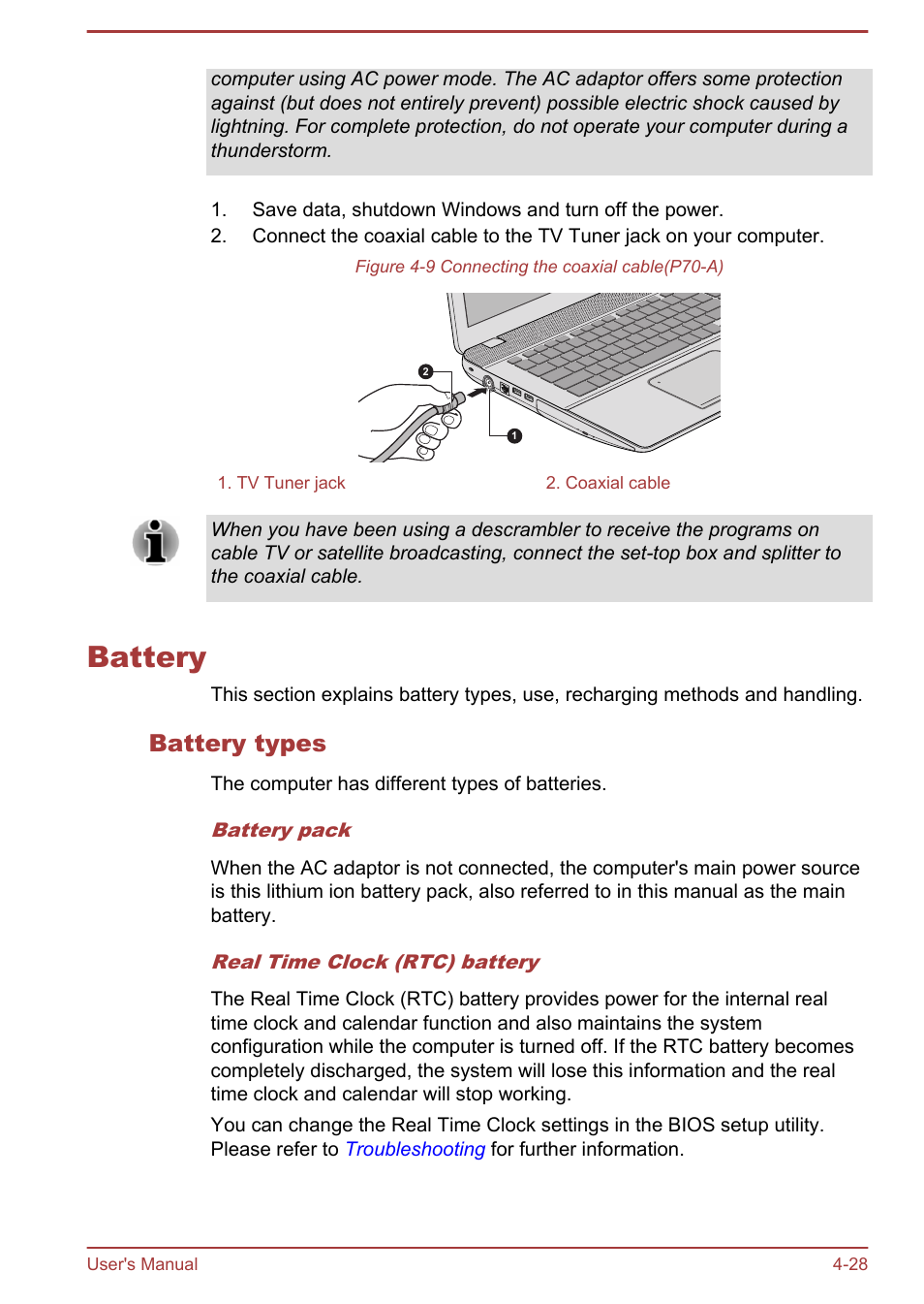 Battery, Battery types, Battery -28 | Toshiba Satellite P70T-A User Manual | Page 74 / 153