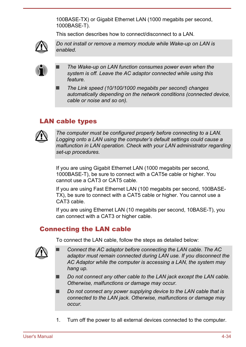Lan cable types, Connecting the lan cable | Toshiba Satellite P70T-A User Manual | Page 80 / 153