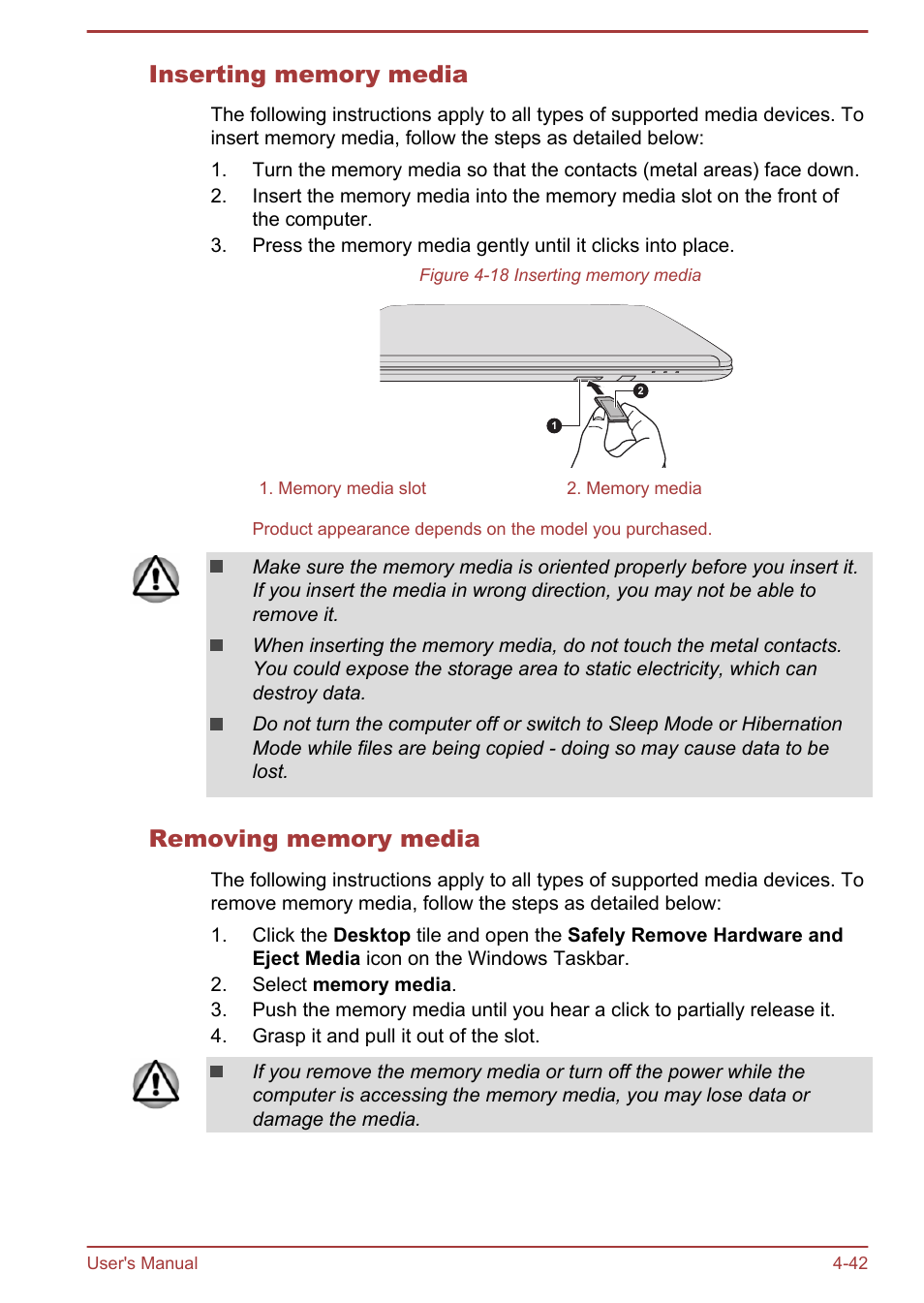 Inserting memory media, Removing memory media | Toshiba Satellite P70T-A User Manual | Page 88 / 153