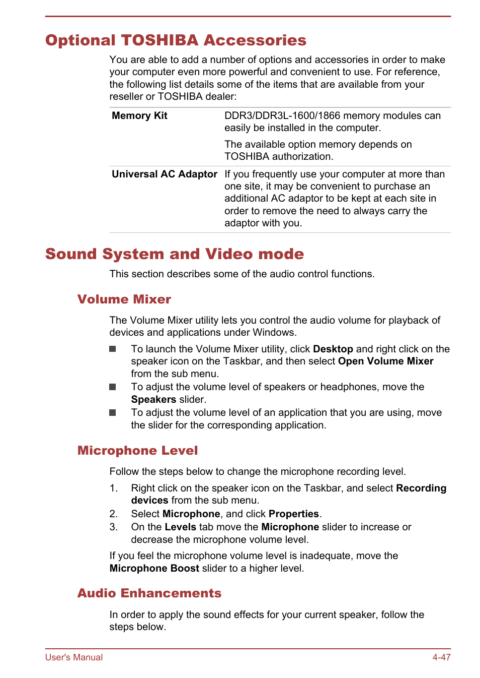 Optional toshiba accessories, Sound system and video mode, Volume mixer | Microphone level, Audio enhancements, To the | Toshiba Satellite P70T-A User Manual | Page 93 / 153