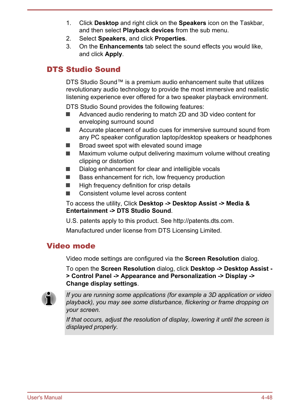 Dts studio sound, Video mode | Toshiba Satellite P70T-A User Manual | Page 94 / 153
