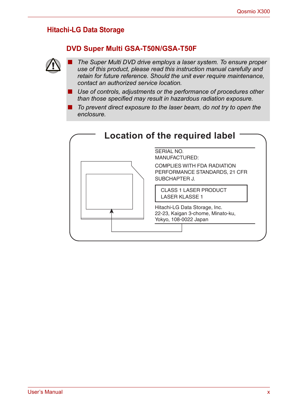 Location of the required label, Hitachi-lg data storage | Toshiba Qosmio X300 User Manual | Page 10 / 219