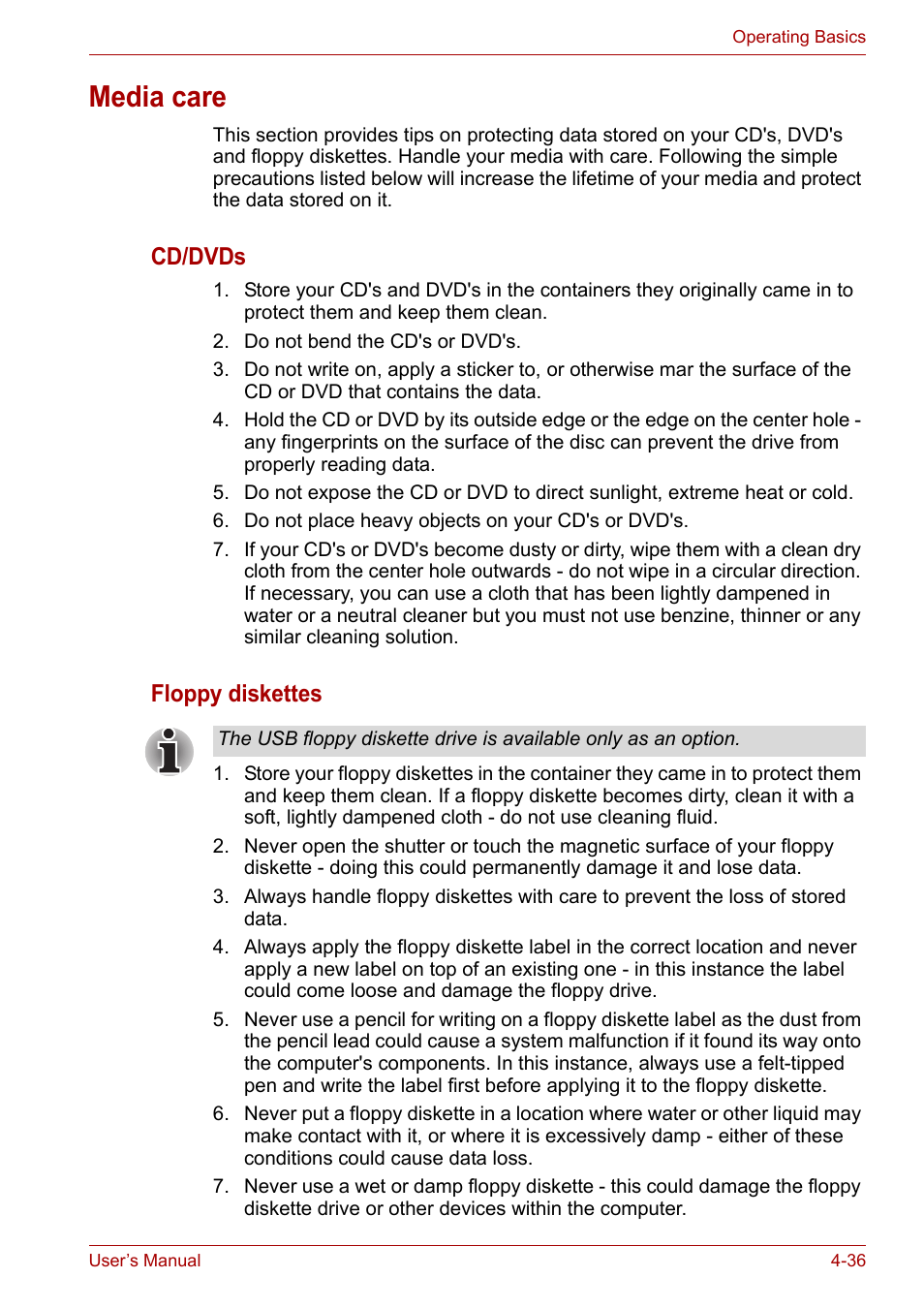 Media care, Media care -36, Cd/dvds | Floppy diskettes | Toshiba Qosmio X300 User Manual | Page 100 / 219