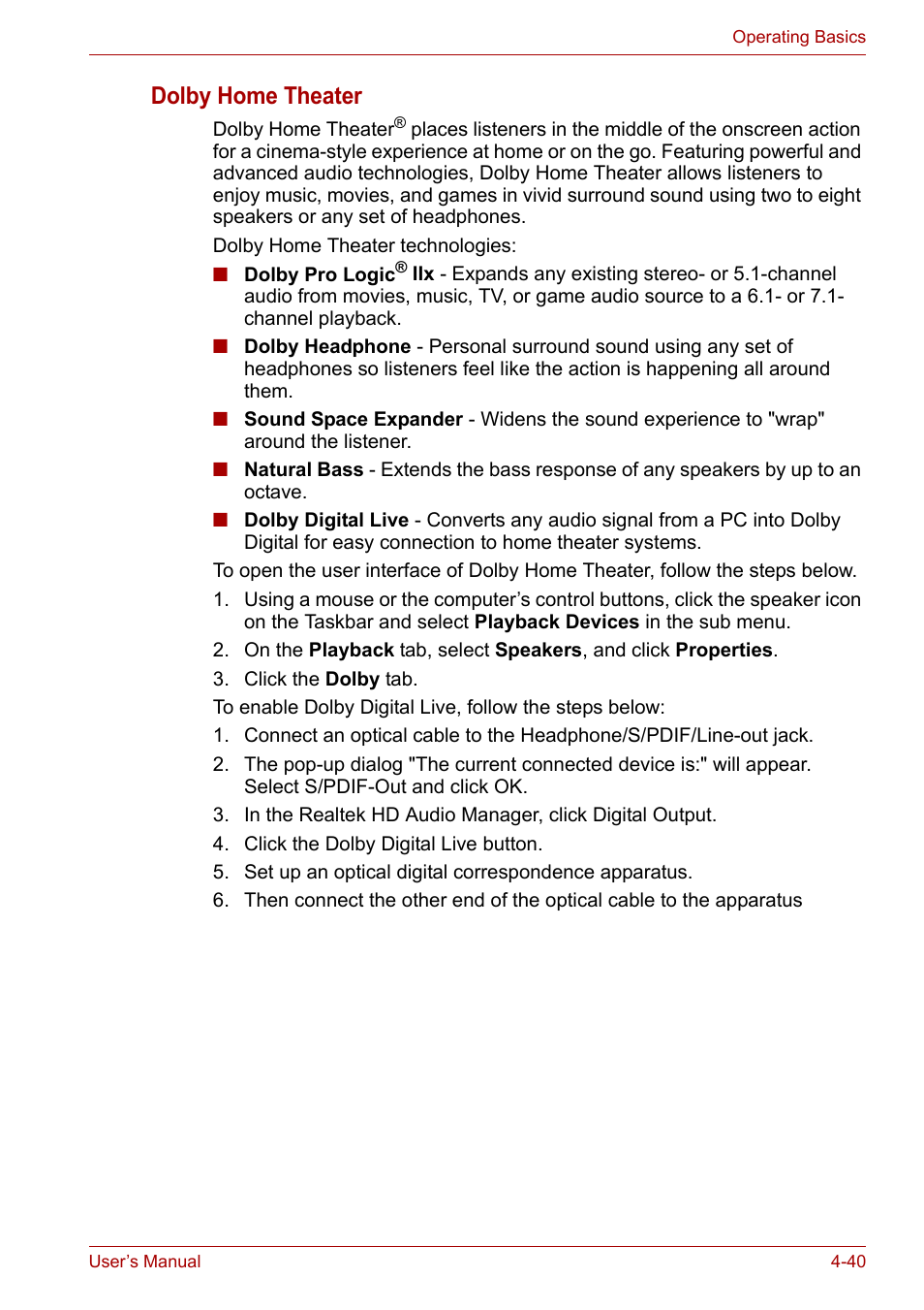 Dolby home theater | Toshiba Qosmio X300 User Manual | Page 104 / 219