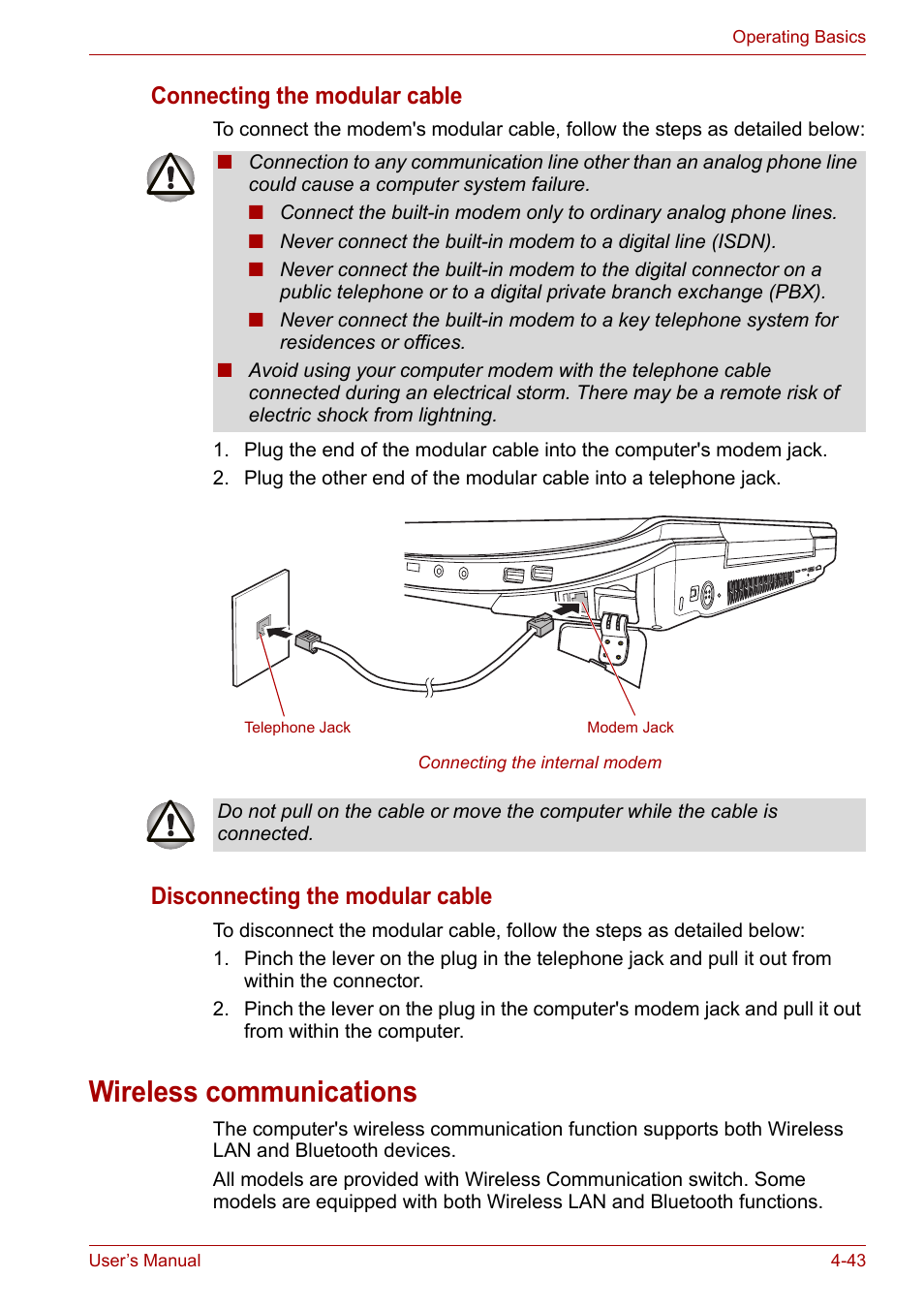 Wireless communications, Wireless communications -43, Connecting the modular cable | Disconnecting the modular cable | Toshiba Qosmio X300 User Manual | Page 107 / 219