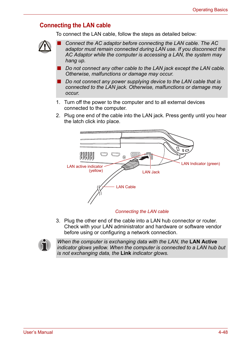Connecting the lan cable | Toshiba Qosmio X300 User Manual | Page 112 / 219