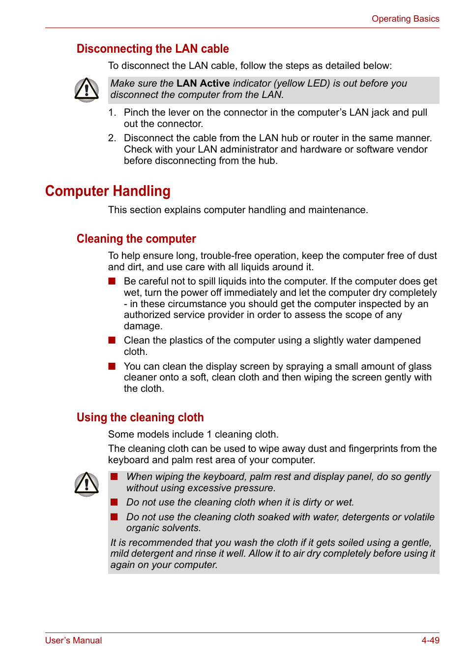 Computer handling, Computer handling -49, Disconnecting the lan cable | Cleaning the computer, Using the cleaning cloth | Toshiba Qosmio X300 User Manual | Page 113 / 219