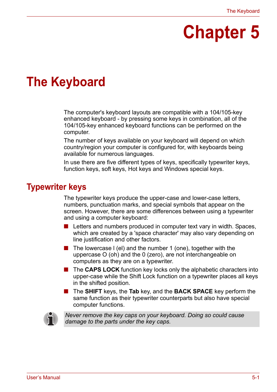 Chapter 5: the keyboard, Typewriter keys, Chapter 5 | The keyboard, Typewriter keys -1, Apter 5 | Toshiba Qosmio X300 User Manual | Page 115 / 219