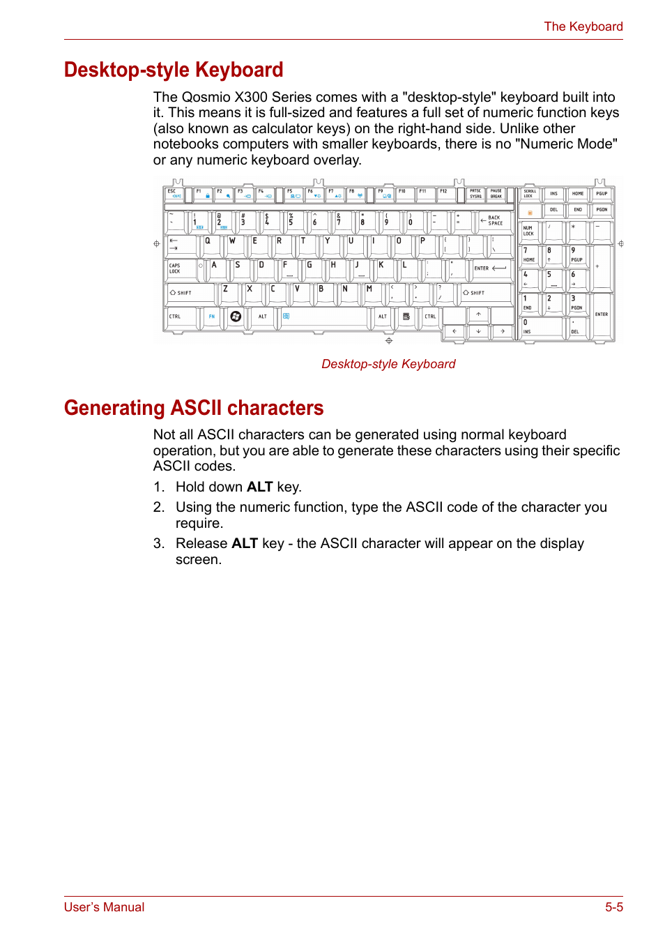 Desktop-style keyboard, Generating ascii characters | Toshiba Qosmio X300 User Manual | Page 119 / 219