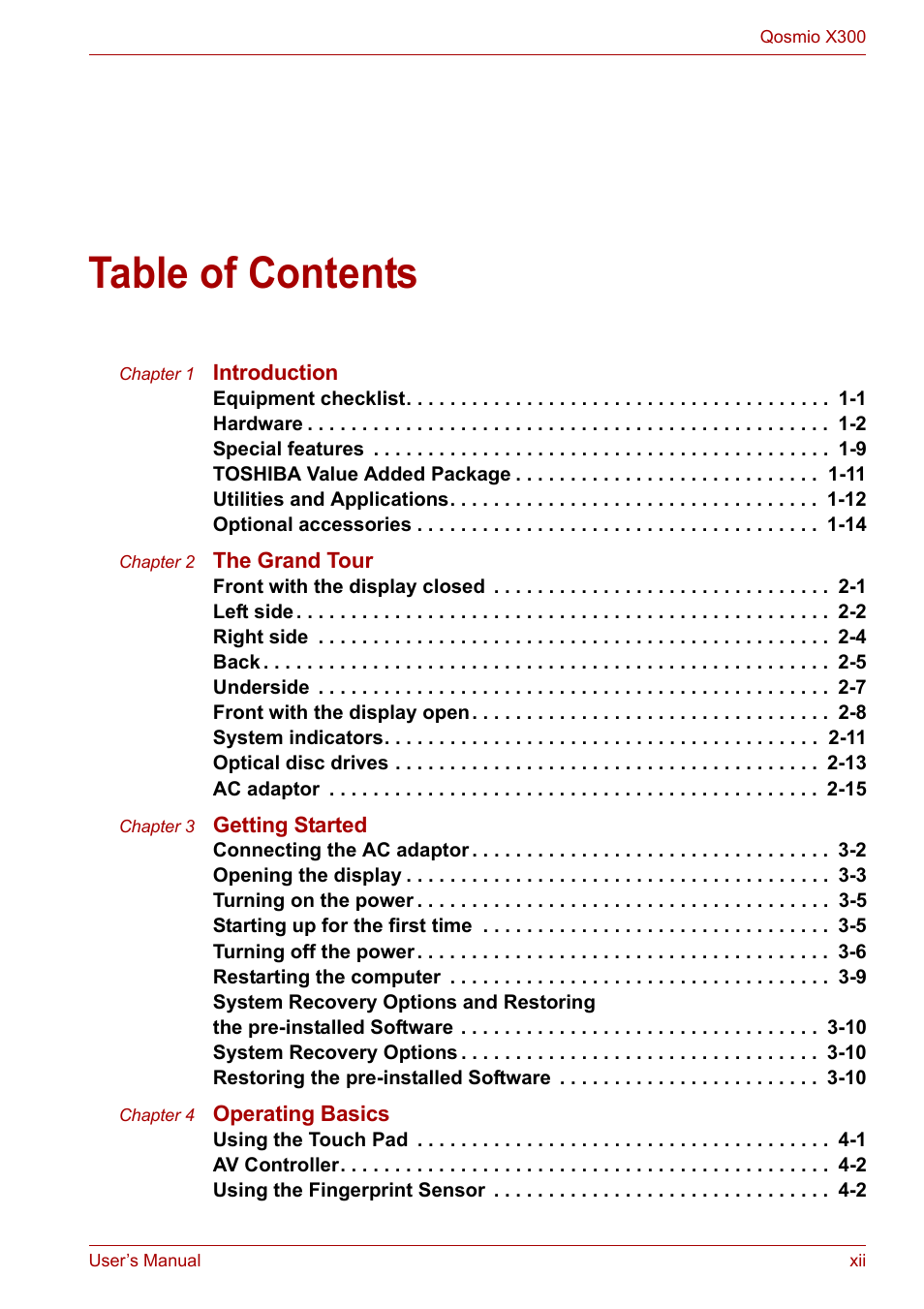 Toshiba Qosmio X300 User Manual | Page 12 / 219