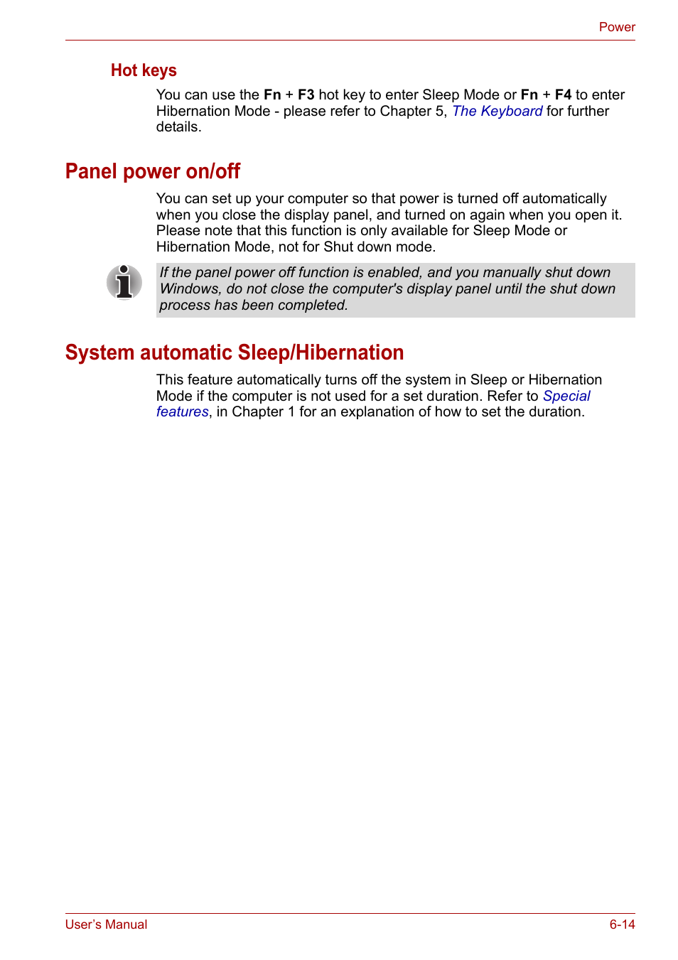 Panel power on/off, System automatic sleep/hibernation | Toshiba Qosmio X300 User Manual | Page 133 / 219