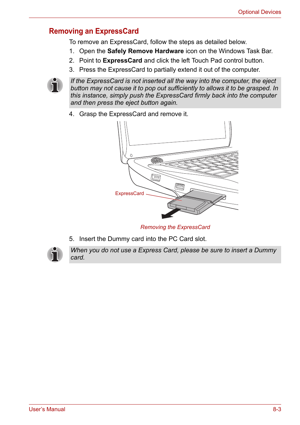 Removing an expresscard | Toshiba Qosmio X300 User Manual | Page 141 / 219