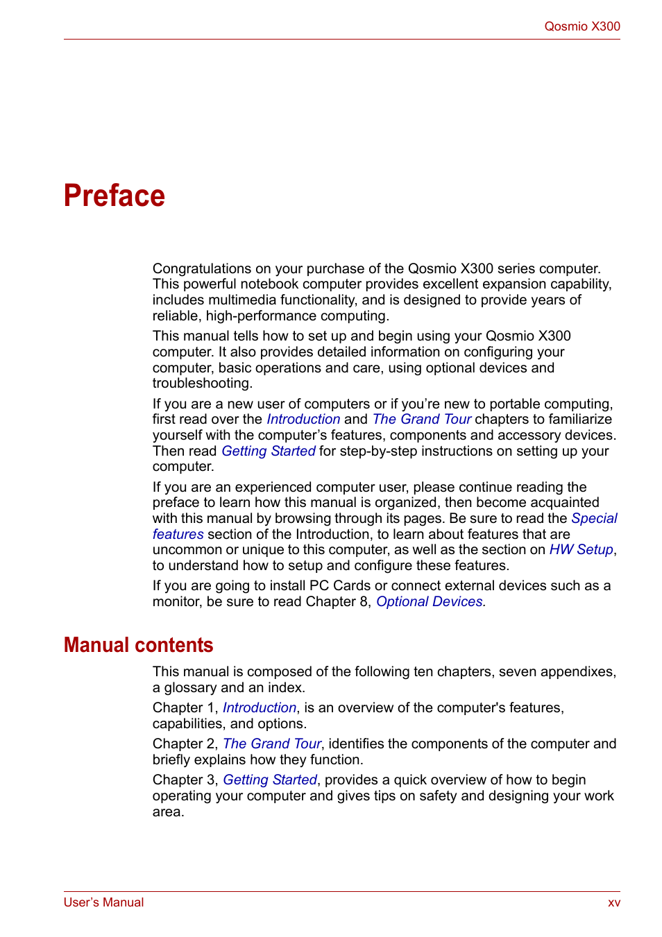 Preface, Manual contents | Toshiba Qosmio X300 User Manual | Page 15 / 219