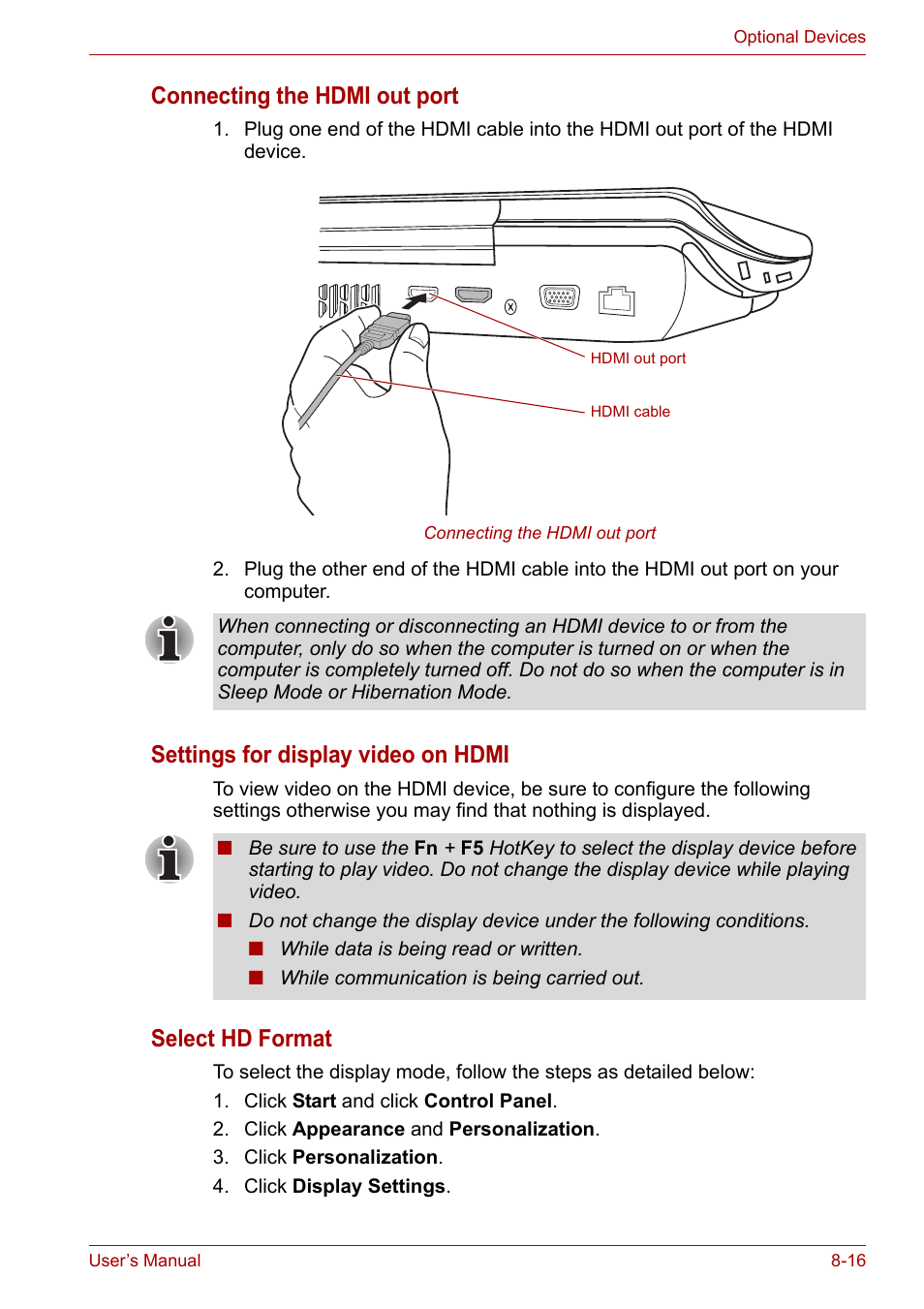 Connecting the hdmi out port, Settings for display video on hdmi, Select hd format | Toshiba Qosmio X300 User Manual | Page 154 / 219