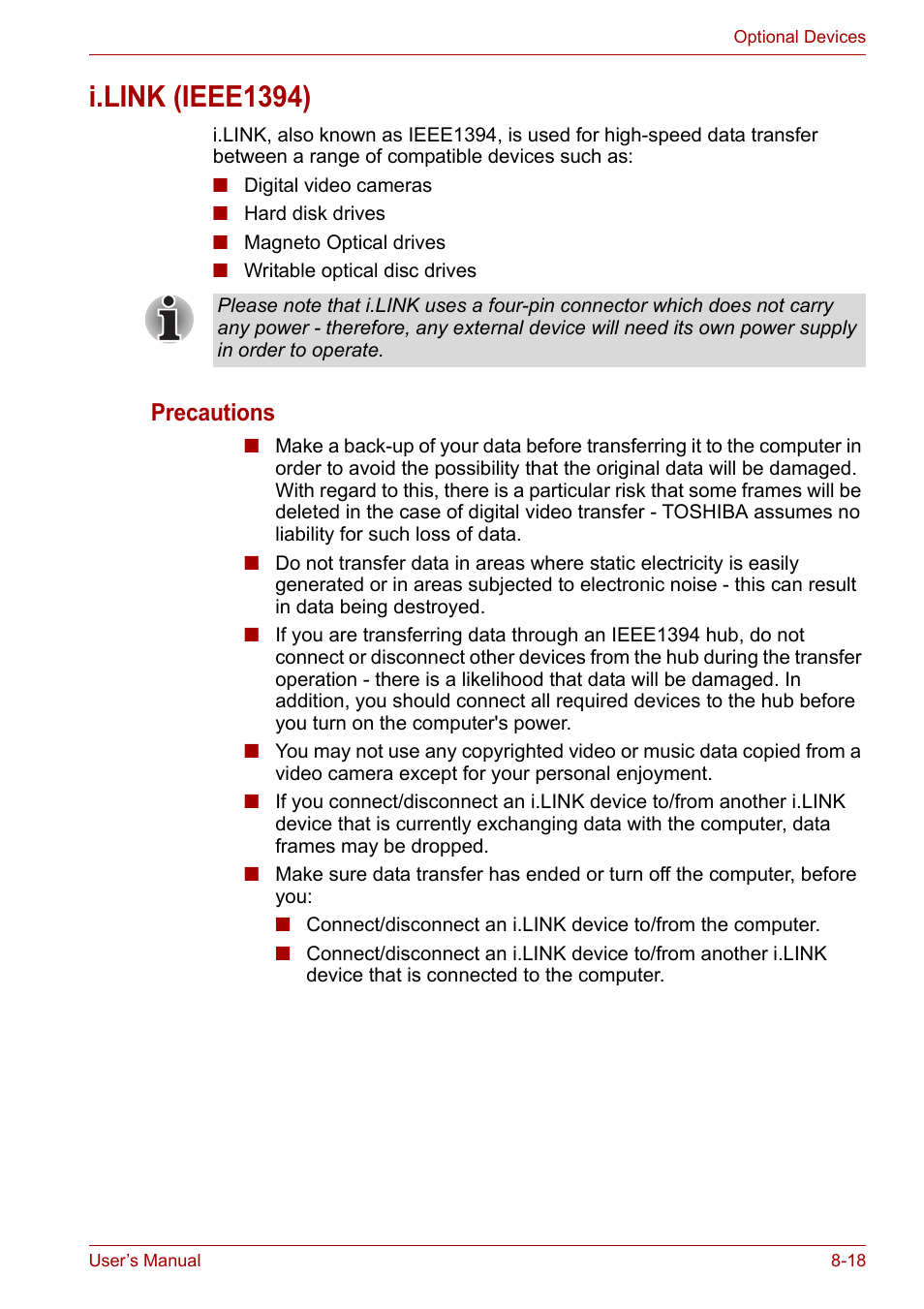 I.link (ieee1394), I.link (ieee1394) -18, Precautions | Toshiba Qosmio X300 User Manual | Page 156 / 219