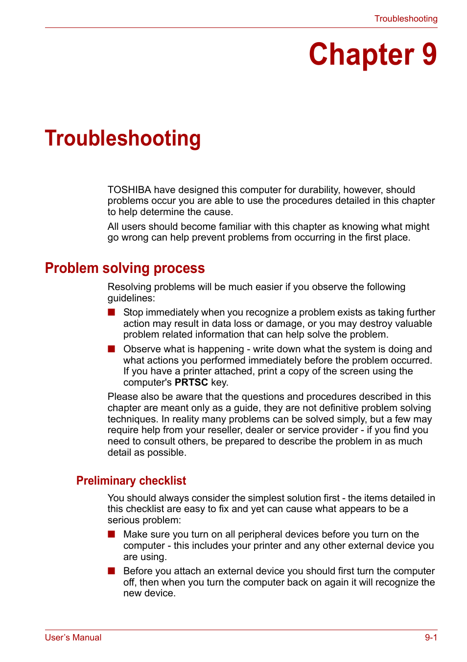 Chapter 9: troubleshooting, Problem solving process, Chapter 9 | Troubleshooting, Problem solving process -1 | Toshiba Qosmio X300 User Manual | Page 159 / 219