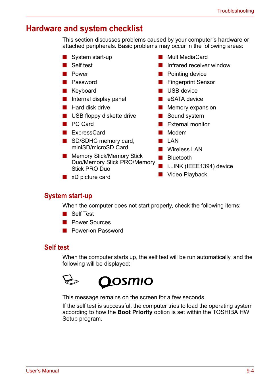 Hardware and system checklist, Hardware and system checklist -4, System start-up | Self test | Toshiba Qosmio X300 User Manual | Page 162 / 219