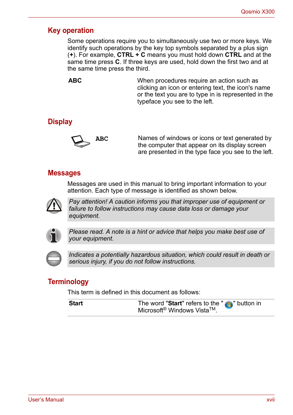 Key operation, Display messages, Terminology | Toshiba Qosmio X300 User Manual | Page 17 / 219