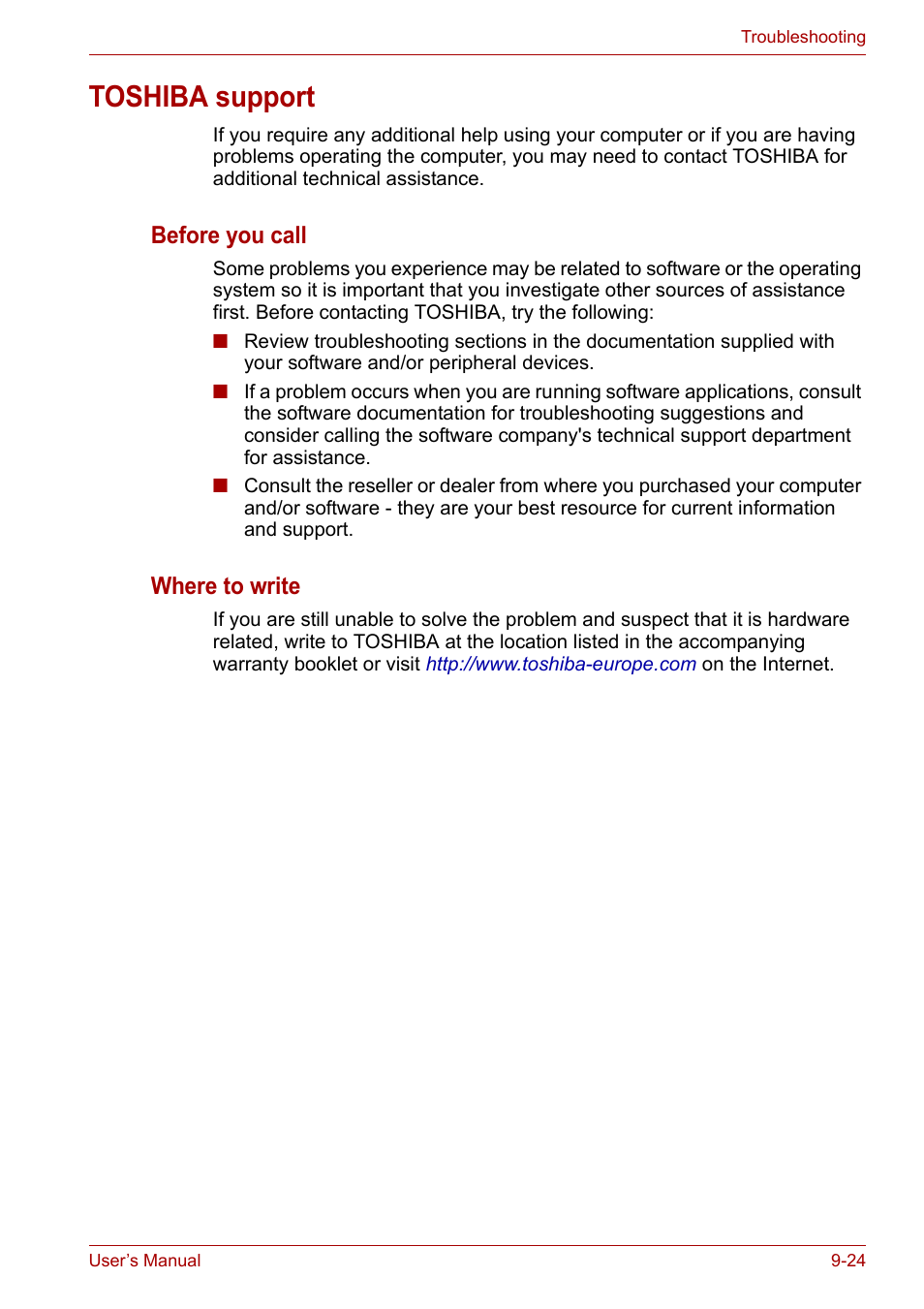 Toshiba support, Toshiba support -24, Before you call | Where to write | Toshiba Qosmio X300 User Manual | Page 182 / 219