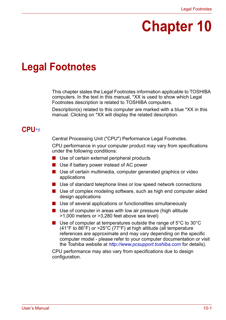 Chapter 10: legal footnotes, Cpu*1, Chapter 10 | Legal footnotes, Section, Legal, Footnotes | Toshiba Qosmio X300 User Manual | Page 183 / 219