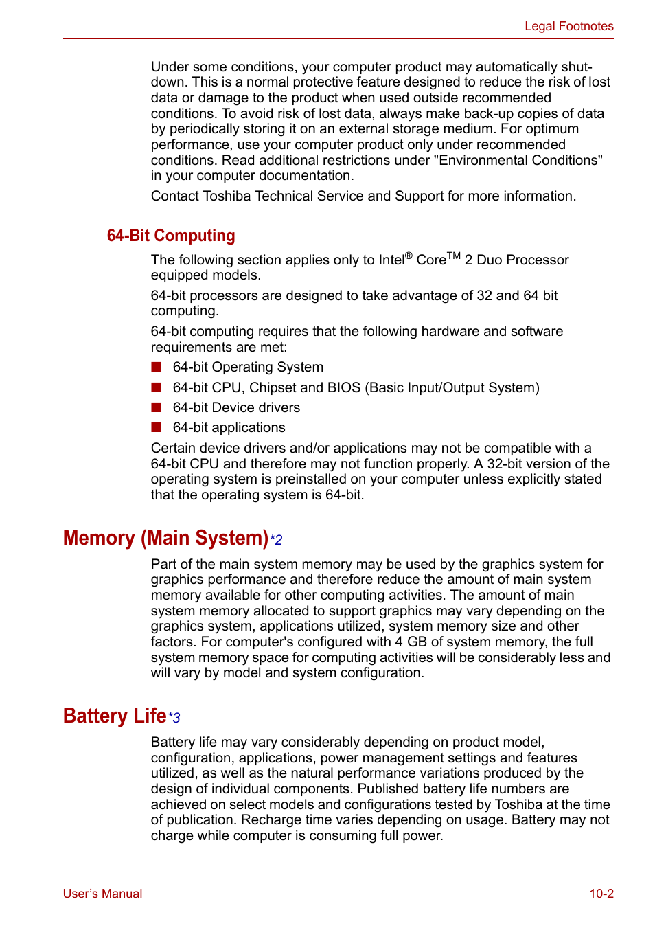 Memory (main system)*2, Battery life*3, Memory (main system) | Battery life, Legal footnote (battery life), Battery li fe, Bit computing | Toshiba Qosmio X300 User Manual | Page 184 / 219