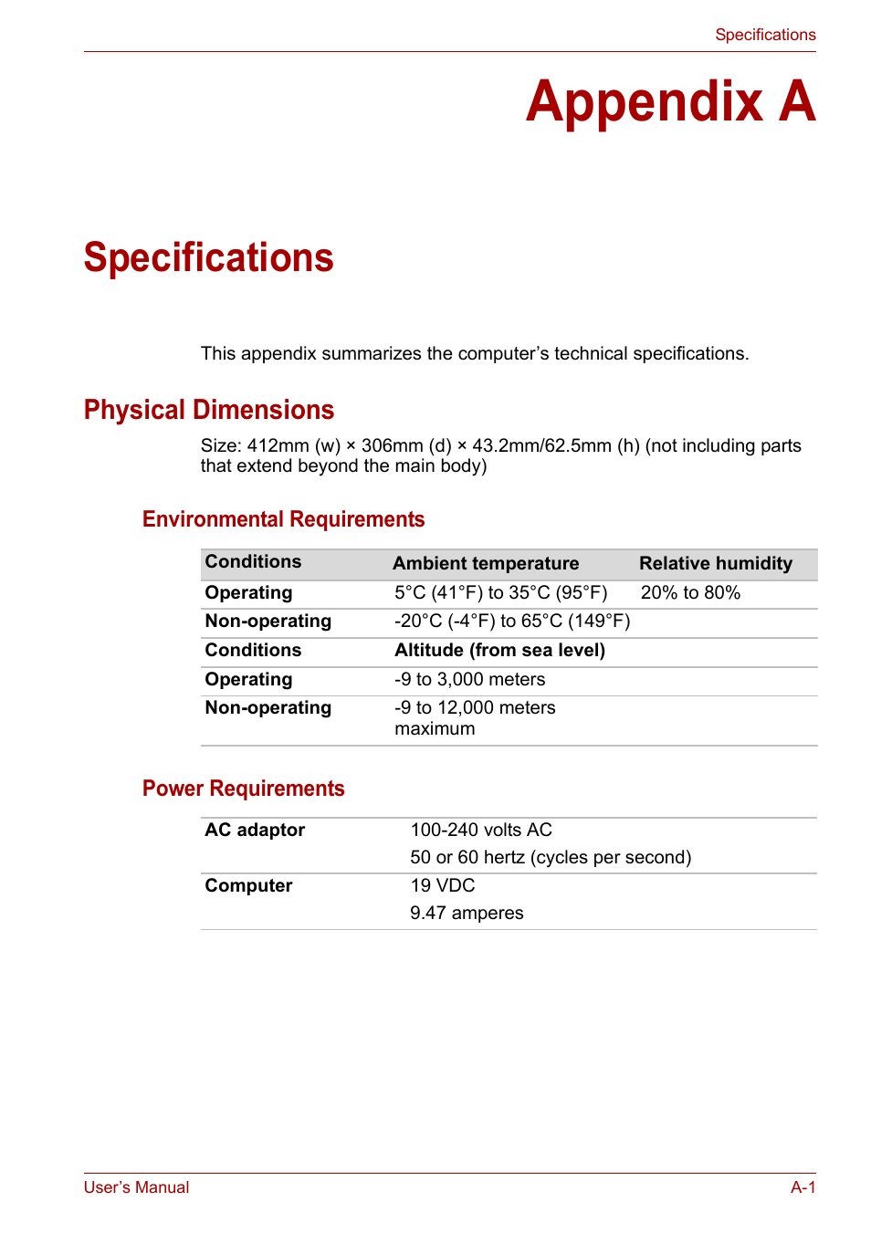 Appendix a: specifications, Physical dimensions, Appendix a | Specifications | Toshiba Qosmio X300 User Manual | Page 187 / 219