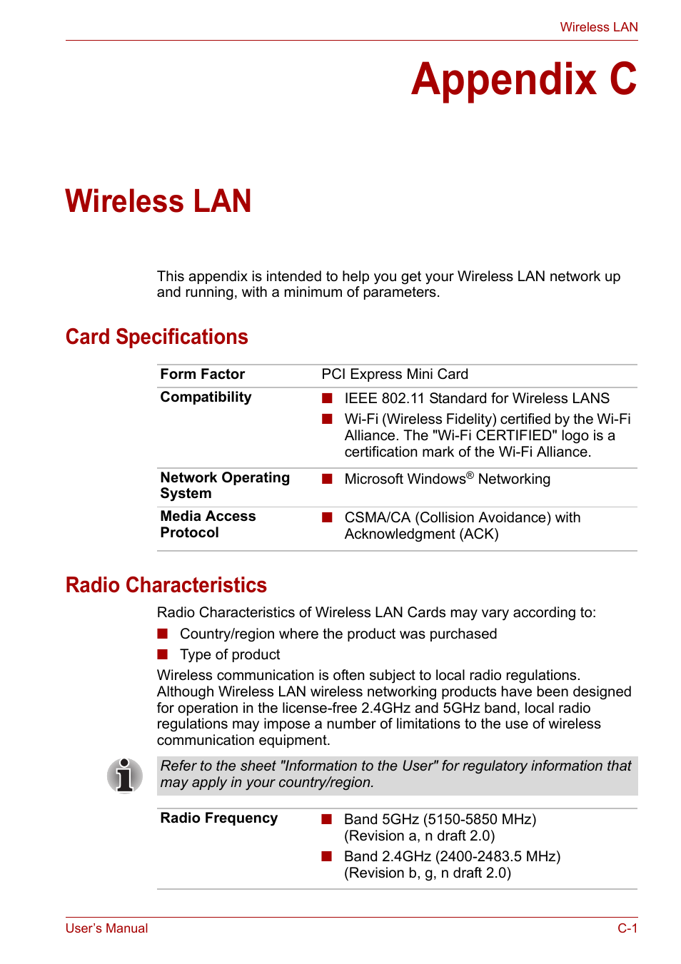 Appendix c: wireless lan, Card specifications, Radio characteristics | Appendix c, Wireless lan, Card specifications radio characteristics | Toshiba Qosmio X300 User Manual | Page 190 / 219