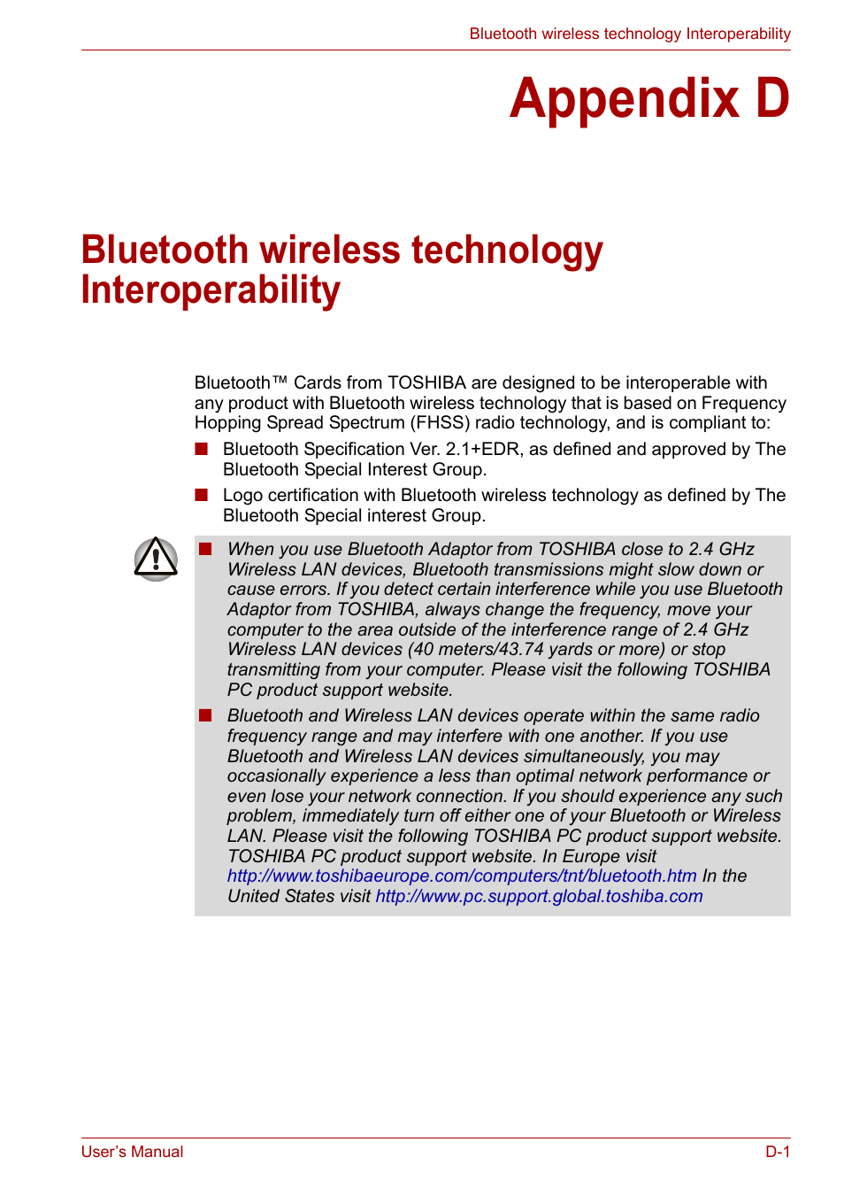 Appendix d, Bluetooth wireless technology interoperability | Toshiba Qosmio X300 User Manual | Page 194 / 219