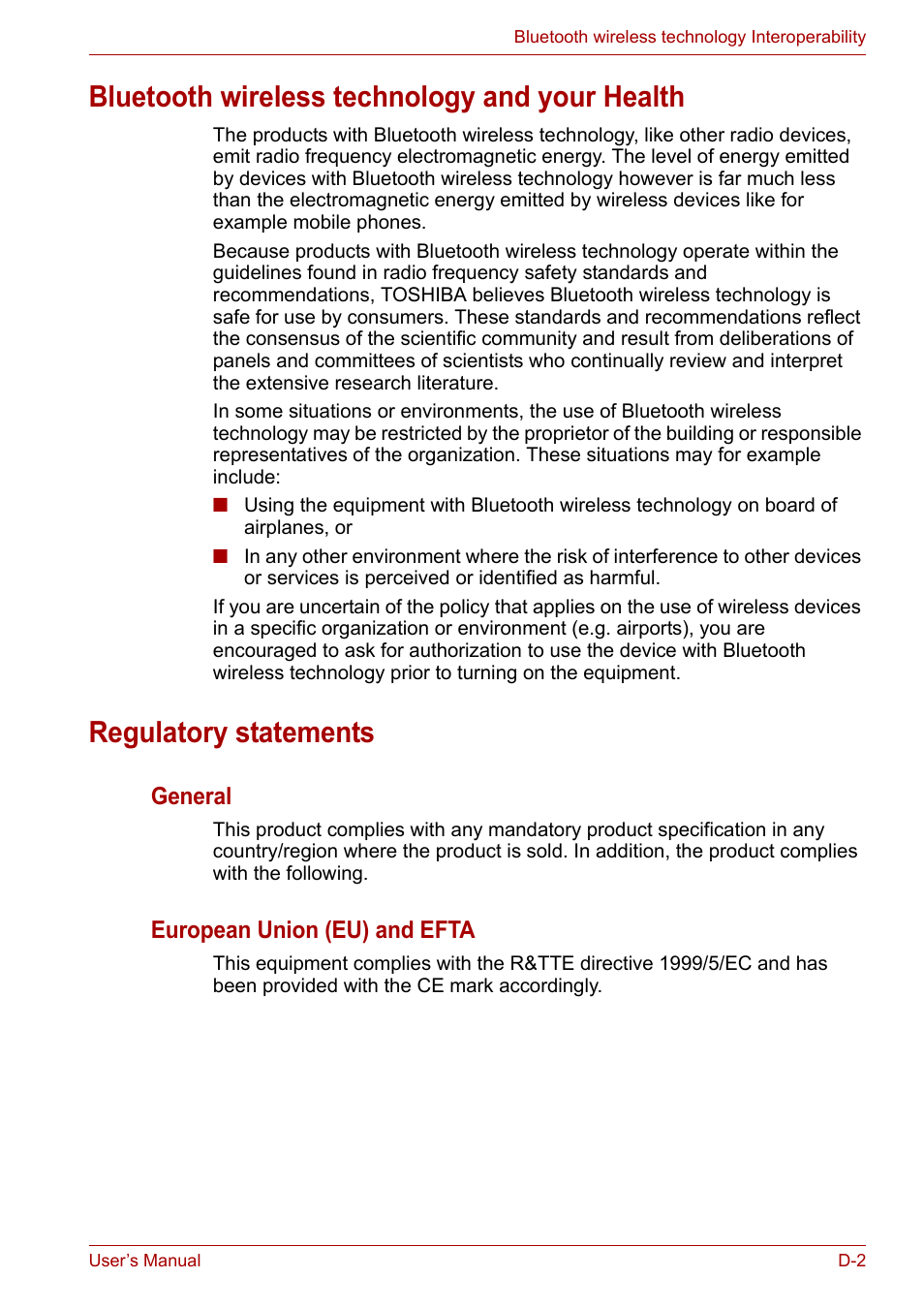 Bluetooth wireless technology and your health, Regulatory statements | Toshiba Qosmio X300 User Manual | Page 195 / 219