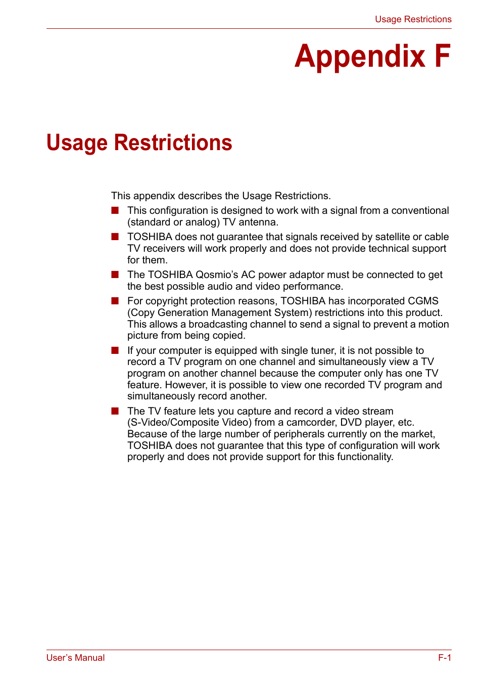 Appendix f: usage restrictions, Appendix f, Usage restrictions | Toshiba Qosmio X300 User Manual | Page 198 / 219