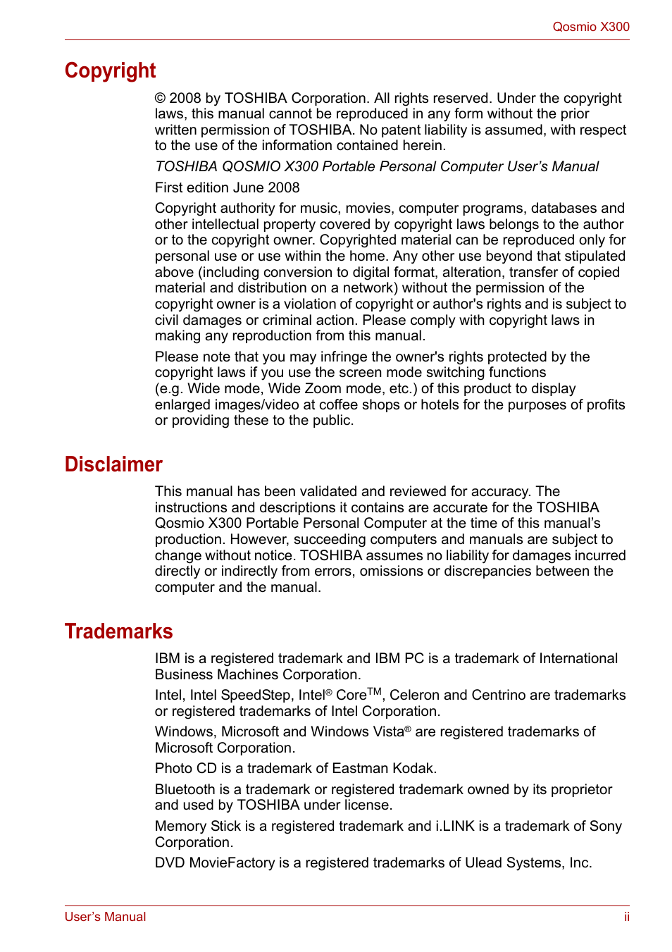Copyright, Disclaimer, Trademarks | Toshiba Qosmio X300 User Manual | Page 2 / 219