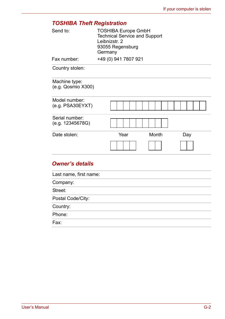 Toshiba theft registration, Owner’s details | Toshiba Qosmio X300 User Manual | Page 200 / 219