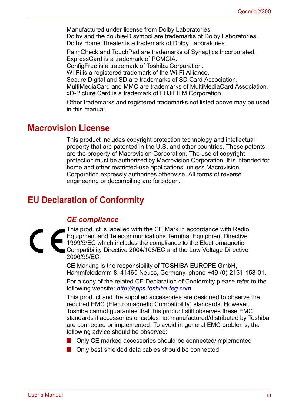 Macrovision license, Eu declaration of conformity | Toshiba Qosmio X300 User Manual | Page 3 / 219